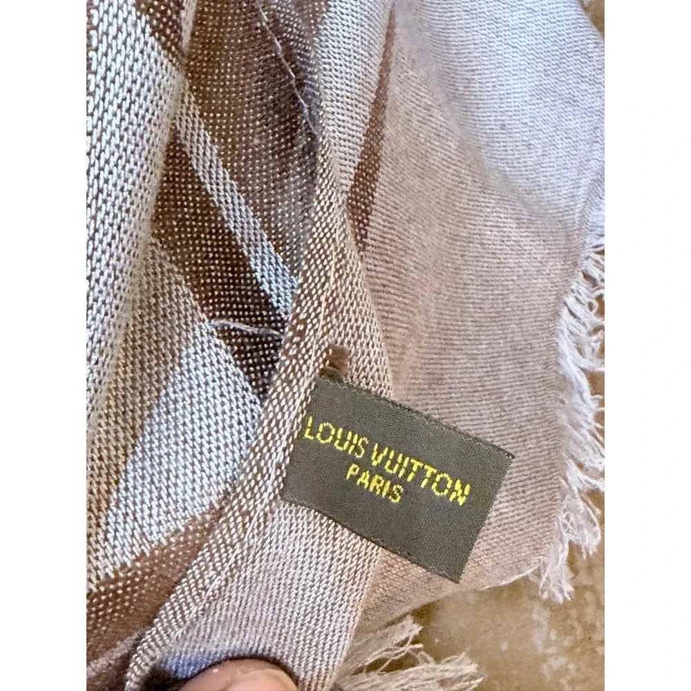 Louis Vuitton Monogram Cashmere Silk Shawl Scarf Brown Silver Fringe Paris